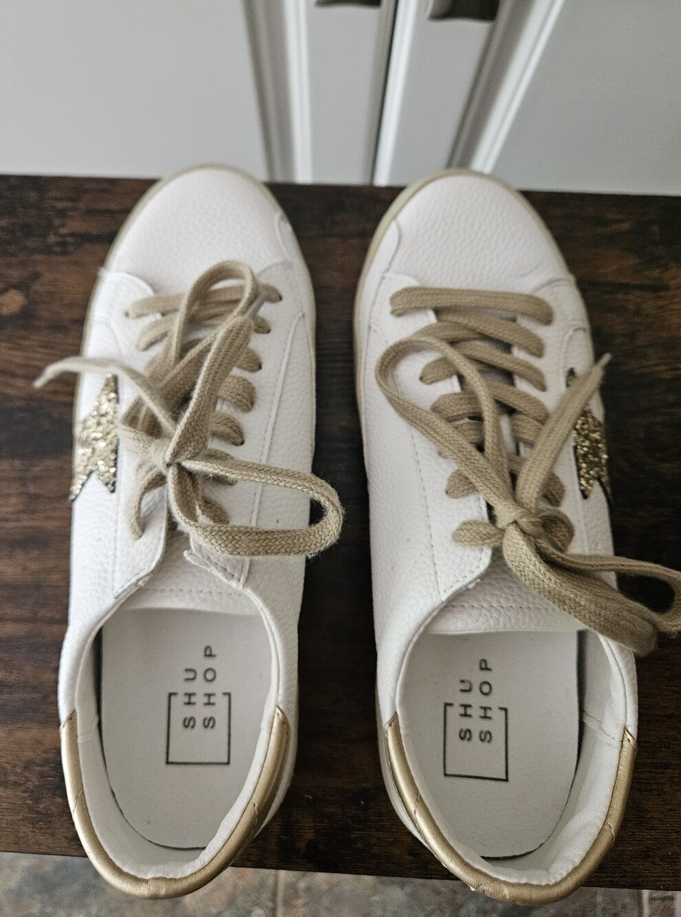 ShuShop Paula Gold Glitter Star White Leather Sneakers Casual Glam Athleisure - Picture 5 of 8